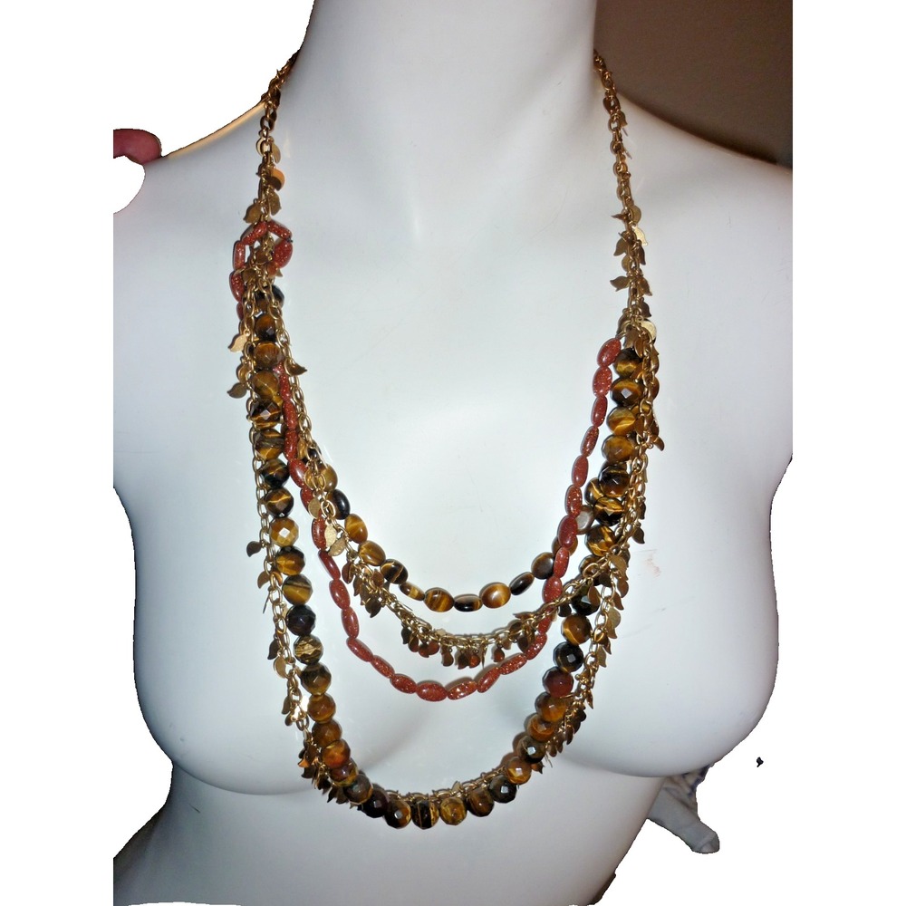 Vintage GoldTone Chain Sandstone Tiger's Eye Bead Necklace Multi Strand Leaf 22"